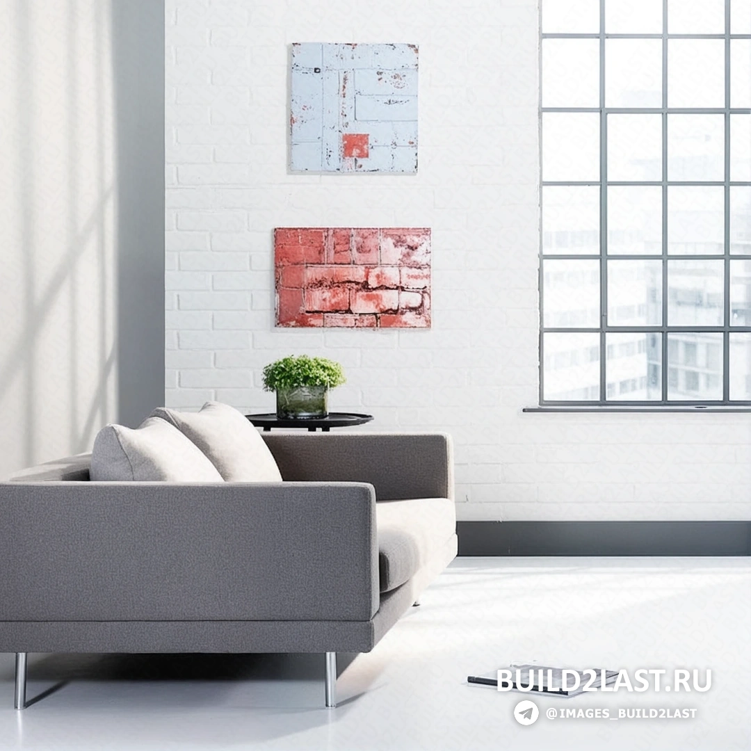 Декоративное панно с белыми и серыми светильниками на фоне кирпичной стены, скандинавский стиль, торшер в гостиной, красный и голубой акценты