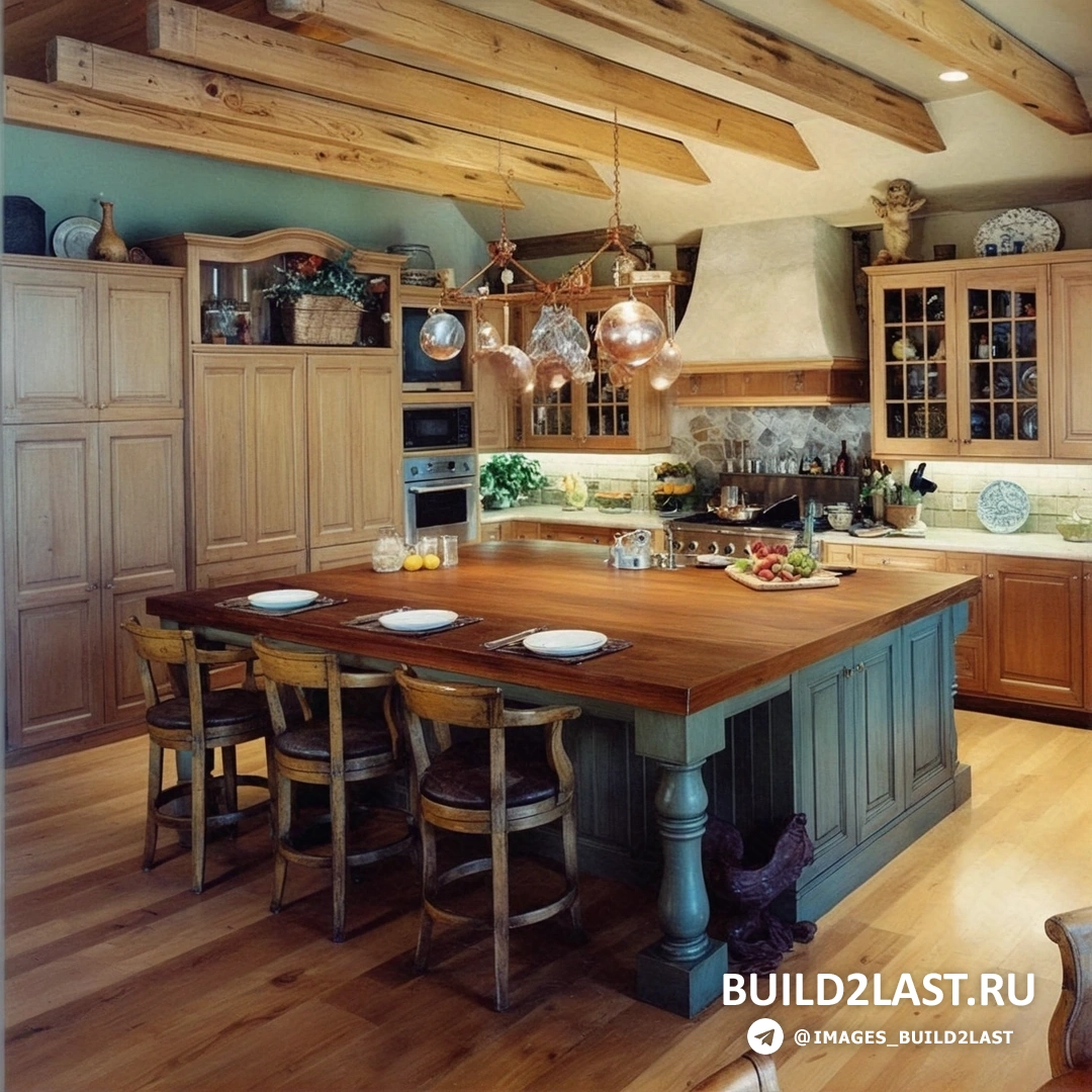 Деревянный кухонный гарнитур в стиле кантри с медной посудой