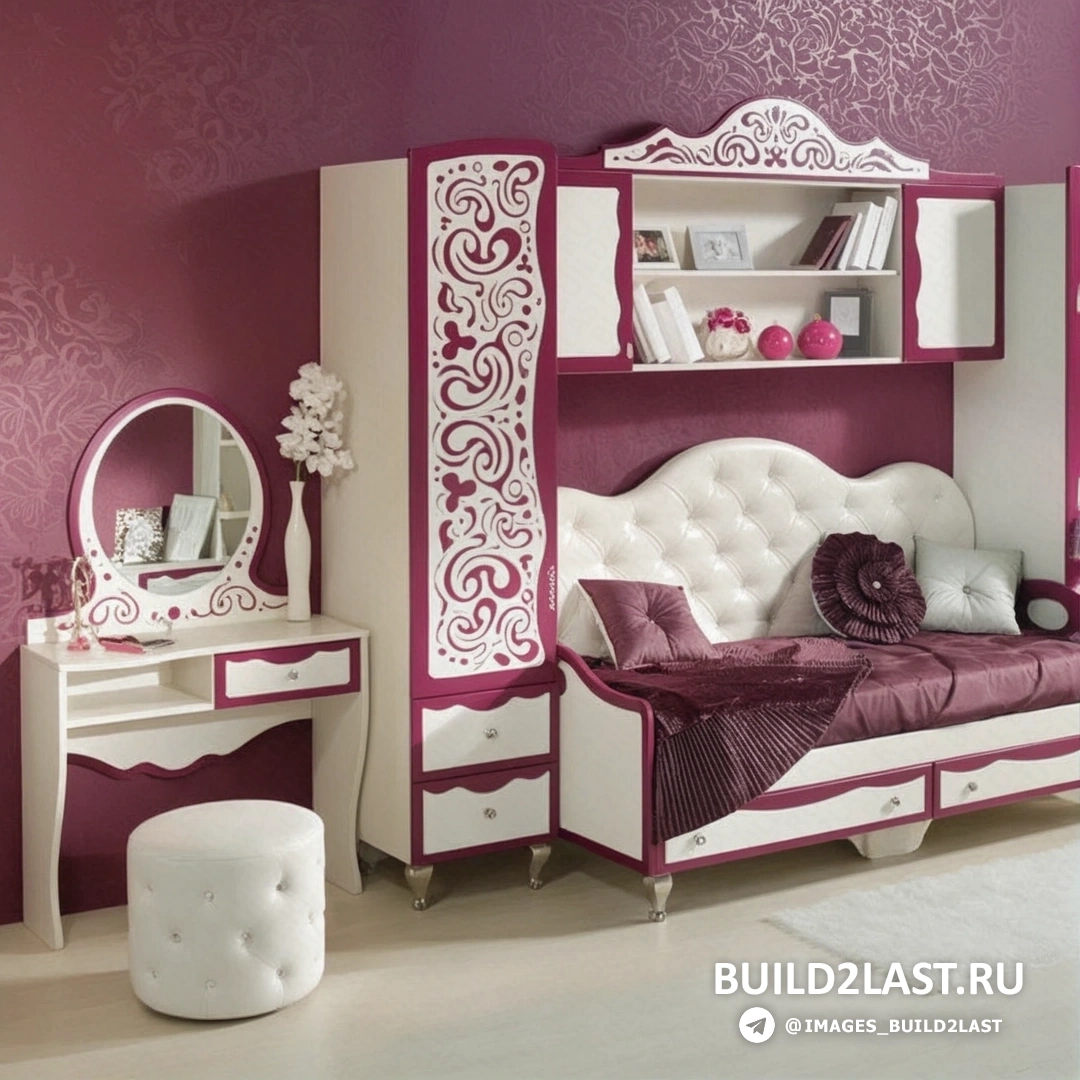 Диван и детская мебель в розово-белых тонах с элементами гламура и романтизма, украшенные полками и светильниками.