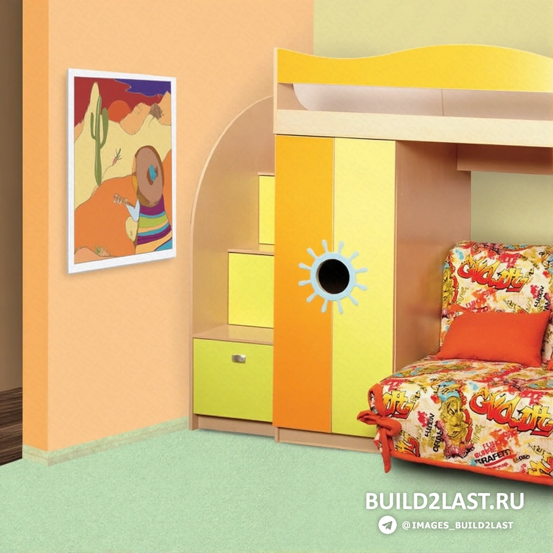 Двухъярусная кровать из светлого дерева в детской комнате с голубыми декоративными акцентами