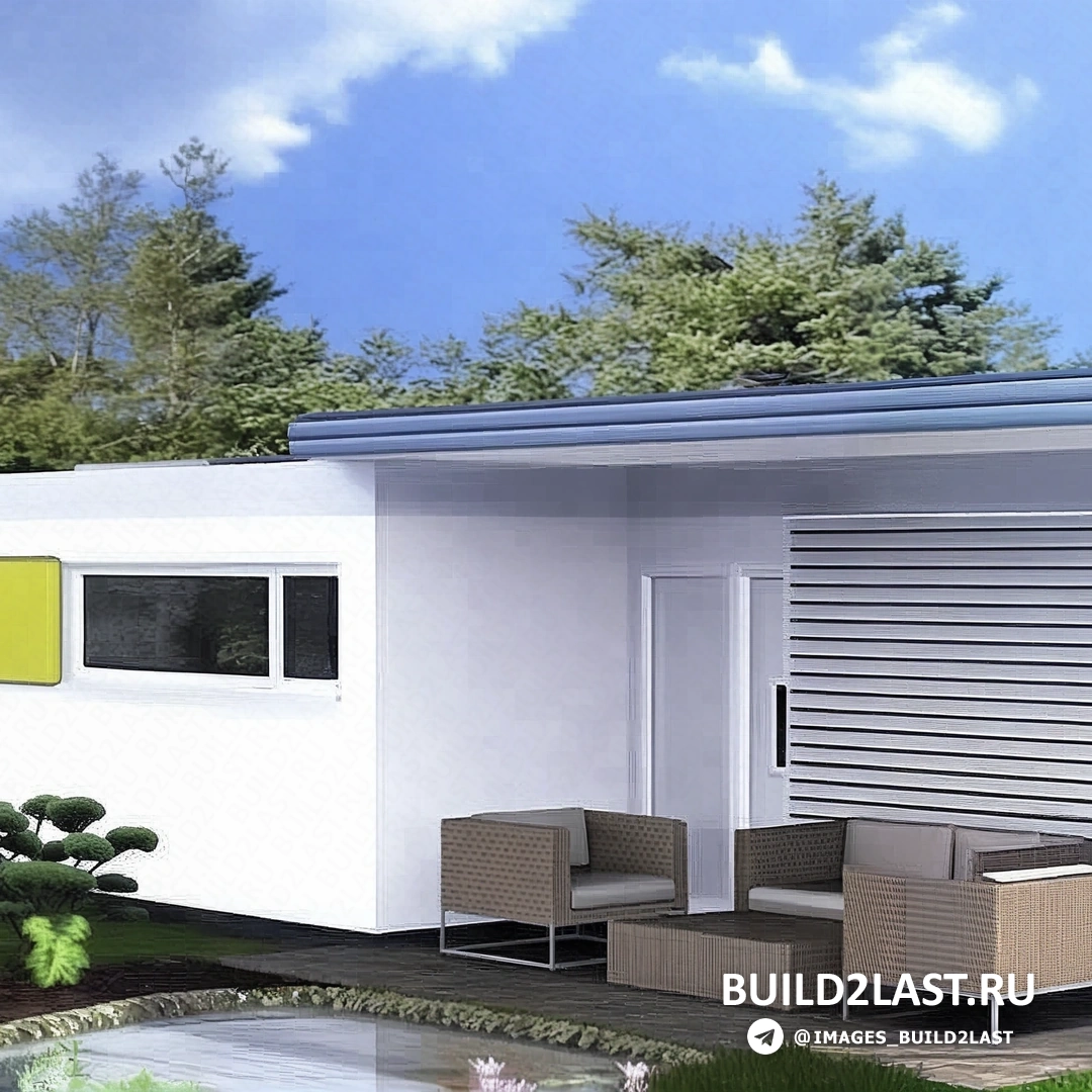 Газон и серые элементы на плоской кровле виллы. Белые и серые тона.