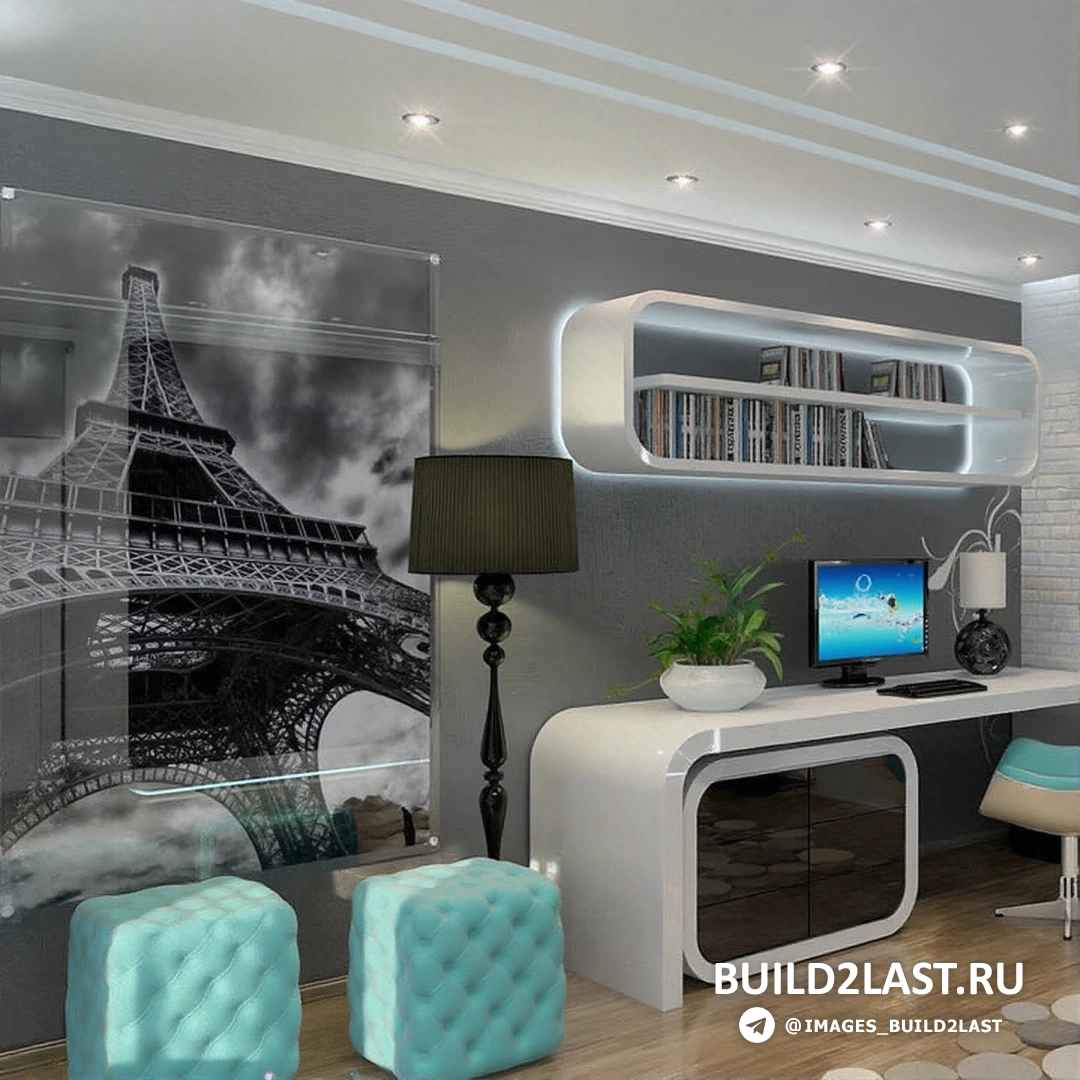 Гостиная с телевизором и современными элементами в стиле футуризм, выполненная в серых оттенках.