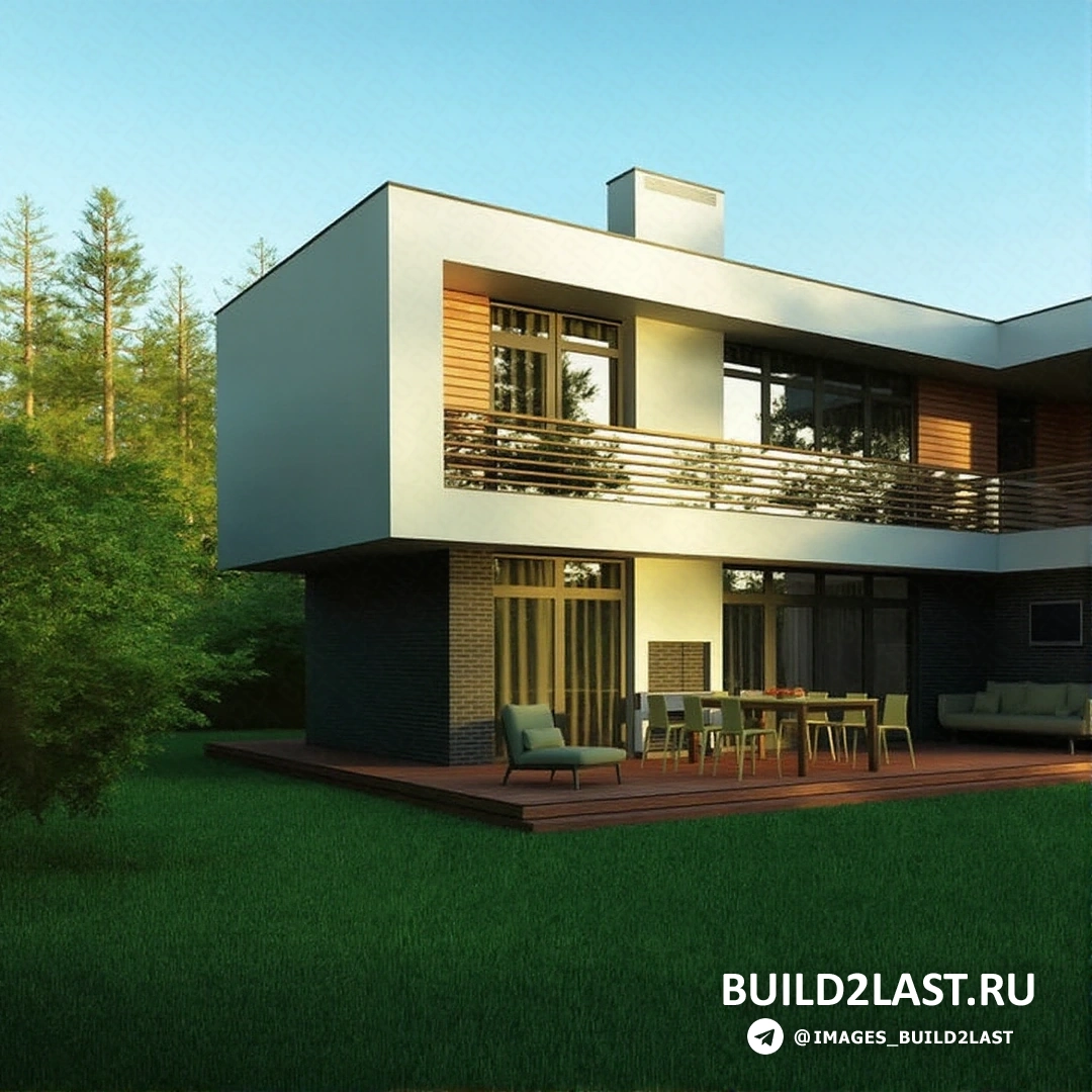 Иллюстрация плоской кровли с террасой, садовой мебелью и газоном на вилле. Белые и светлые деревянные элементы.