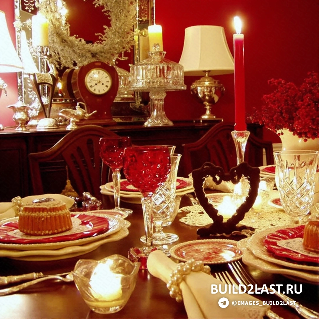 Красная посуда на рождественском столе, украшенный декором для праздников в зимние месяцы