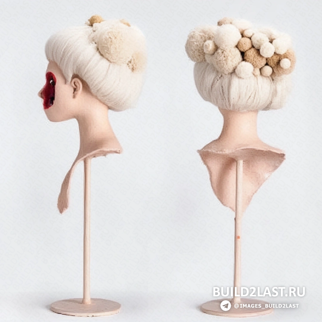 Скульптура с гиперреалистичным лицом, выполненная из металла и стекла, искажающая пропорции и формы