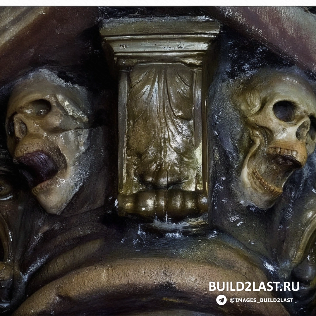 Столовая зона с висящими темными люстрами и призрачными фигурами на стенах