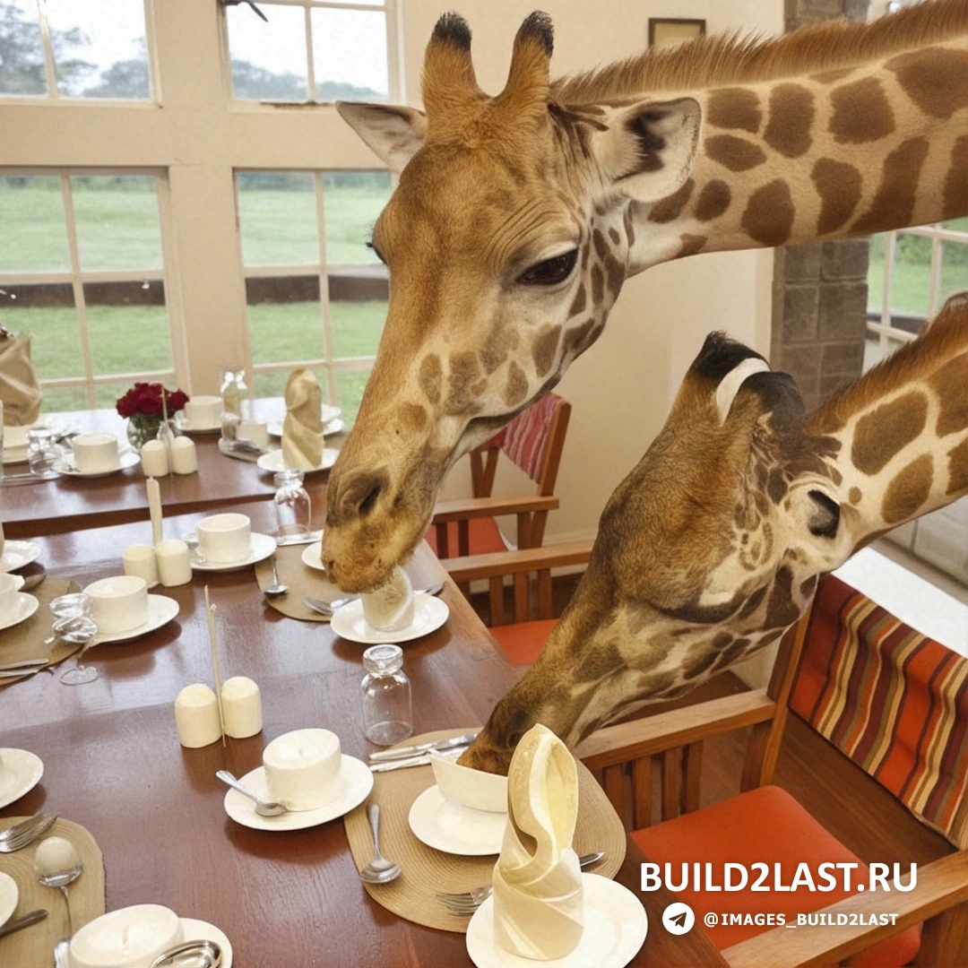 Жираф стоит рядом с зданием отеля, фон — зелёные сады и чистое небо